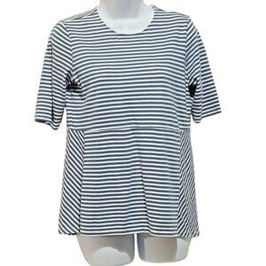 J JILL Womens Tee T Shirt Size XS Flared Hem Blue Stripe Short Sleeve Crew Neck
